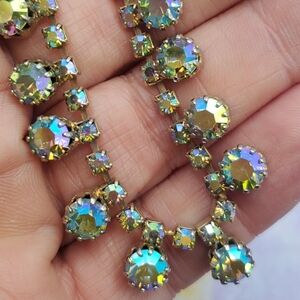 Aurora Borealis Rhinestone Necklace Brass Dark Iridescent Sparkle